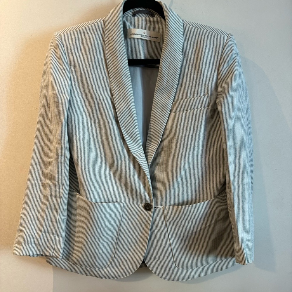 GOLDEN GOOSE DELUX COLLECTION Sz L Pin Stripe 100% Linen Lined Seersucker - Picture 2 of 11